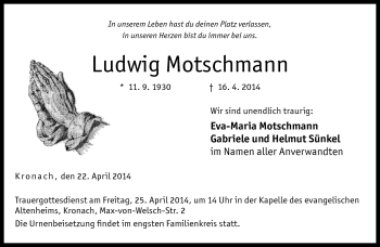 Traueranzeige von Ludwig Motschmann von Neue Presse Coburg