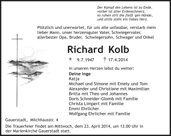 Traueranzeige von Richard Kolbq von Neue Presse Coburg