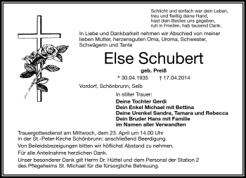 Traueranzeige von Else Schubert von Frankenpost