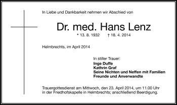 Traueranzeige von Hans Lenz von Frankenpost