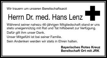 Traueranzeige von Hans Lenz von Frankenpost