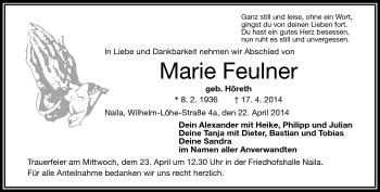 Traueranzeige von Marie Feulner von Frankenpost