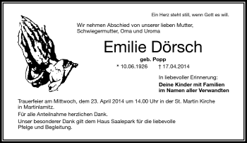 Traueranzeige von Emilie Dörsch von Frankenpost