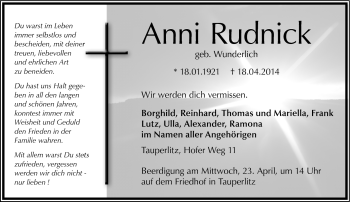 Traueranzeige von Anni Rudnick von Frankenpost