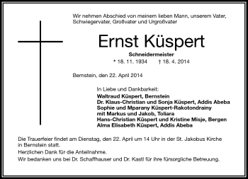 Traueranzeige von Ernst Küspert von Frankenpost
