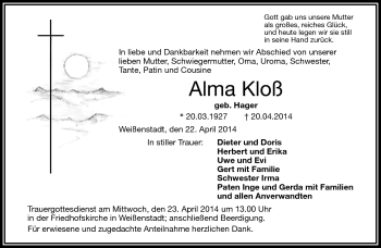 Traueranzeige von Alma Kloß von Frankenpost
