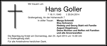 Traueranzeige von Hans Goller von Frankenpost