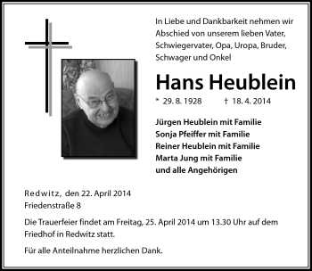 Traueranzeige von Hans Heublein von Neue Presse Coburg