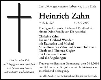 Traueranzeige von Heinrich Zahn von Neue Presse Coburg