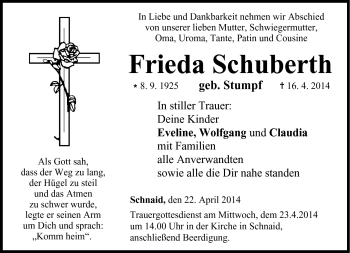 Traueranzeige von Frieda Schuberth von Neue Presse Coburg