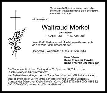 Traueranzeige von Waltraud Merkel von Frankenpost