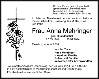 Traueranzeige von Anna Mehringer von Frankenpost