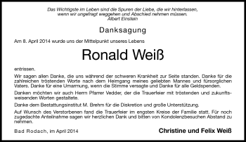 Traueranzeige von Ronald Weiß von Neue Presse Coburg