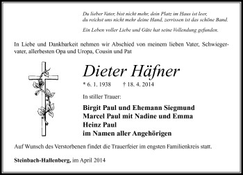 Traueranzeige von Dieter Häfner von Südthüringer Presse