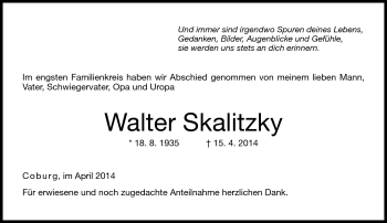 Traueranzeige von Walter Skalitzky von Neue Presse Coburg