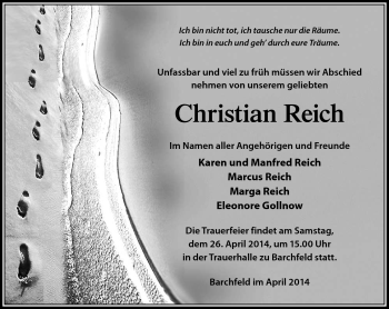 Traueranzeige von Christian Reich von Südthüringer Presse
