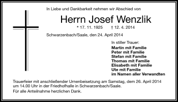 Traueranzeige von Josef Wenzlik von Frankenpost