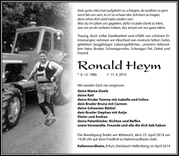 Traueranzeige von Ronald Heym von Südthüringer Presse
