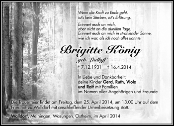 Traueranzeige von Brigitte König von Südthüringer Presse