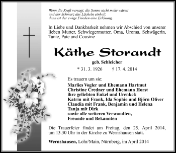 Traueranzeige von Käthe Storandt von Südthüringer Presse
