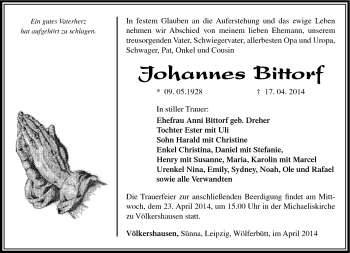 Traueranzeige von Johannes Bittorf von Südthüringer Presse