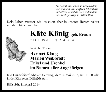 Traueranzeige von Käte König von Südthüringer Presse