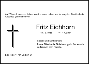 Traueranzeige von Fritz Eichhorn von Neue Presse Coburg