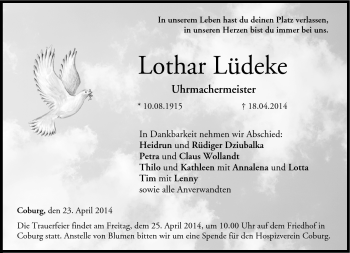 Traueranzeige von Lothar Lüdeke von Neue Presse Coburg