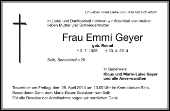 Traueranzeige von Emmi Geyer von Frankenpost