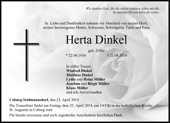 Traueranzeige von Herta Dinkel von Neue Presse Coburg