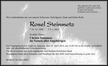 Traueranzeige von Rosel Steinmetz von Südthüringer Presse