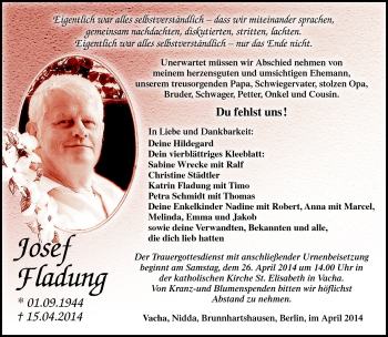 Traueranzeige von Josef Fladung von Südthüringer Presse