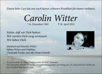 Traueranzeige von Carolin Witter von Neue Presse Coburg