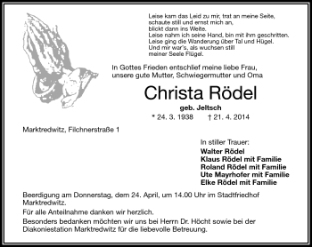 Traueranzeige von Christa Rödel von Frankenpost