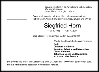 Traueranzeige von Siegfried Horn von Frankenpost