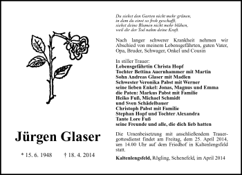Traueranzeige von Jürgen Glaser von Südthüringer Presse
