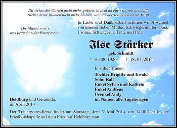 Traueranzeige von Ilse Stärker von Südthüringer Presse