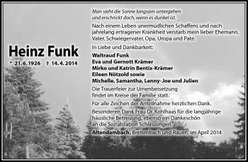 Traueranzeige von Heinz Funk von Südthüringer Presse