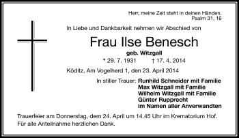 Traueranzeige von Ilse Benesch von Frankenpost