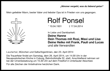 Traueranzeige von Rolf Ponsel von Neue Presse Coburg