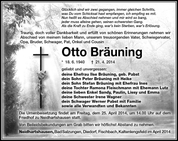 Traueranzeige von Otto Bräuning von Südthüringer Presse