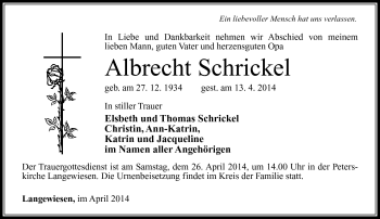 Traueranzeige von Albrecht Schrickel von Südthüringer Presse