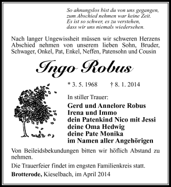 Traueranzeige von Ingo Robus von Südthüringer Presse