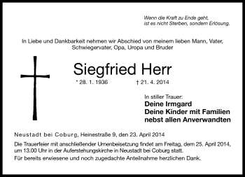 Traueranzeige von Siegfried Herr von Neue Presse Coburg