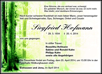 Traueranzeige von Siegfried Hofmann von Südthüringer Presse