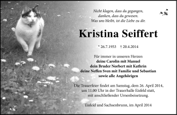 Traueranzeige von Kristina Seiffert von Südthüringer Presse