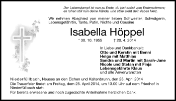 Traueranzeige von Isabella Höppel von Neue Presse Coburg