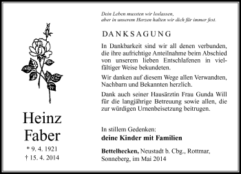 Traueranzeige von Heinz Faber von Südthüringer Presse