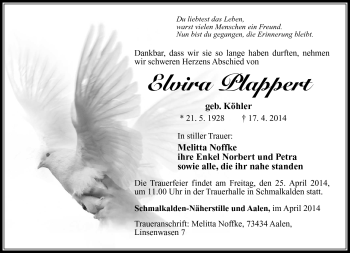 Traueranzeige von Elvira Plappert von Südthüringer Presse