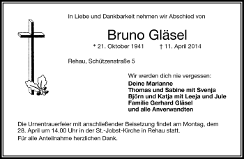 Traueranzeige von Bruno Gläsel von Frankenpost